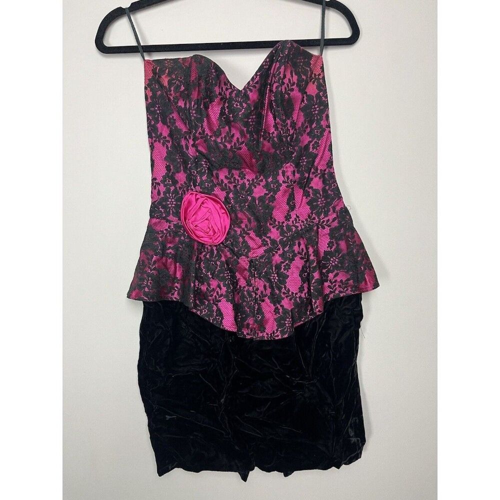 Vtg Jessica McClintock for Gunne Sax Crepe Dress Strapless Hot Pink/Black size 6